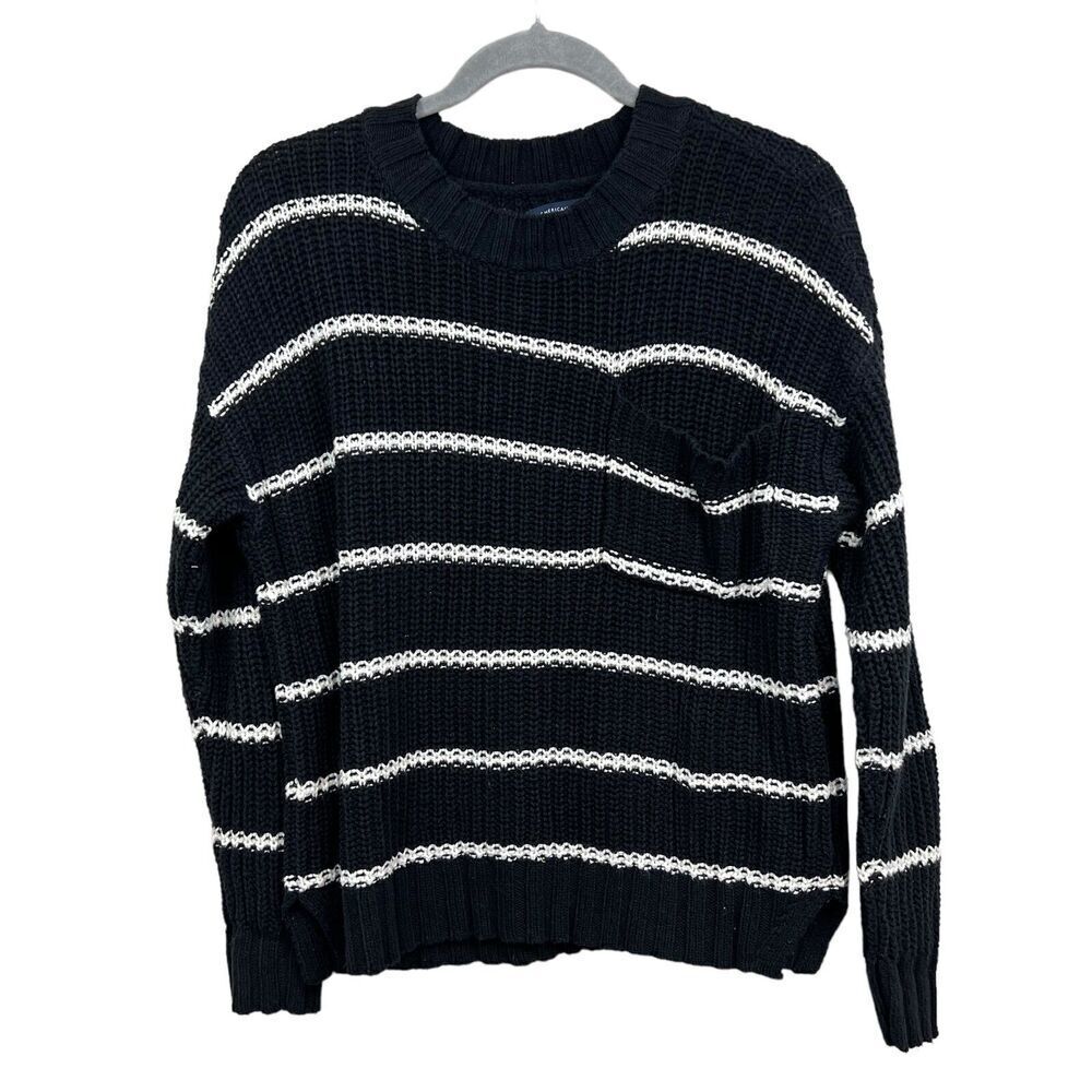 American Eagle Sweater Stretch Stripe Black White Crew Neck Pocket Women Size S*